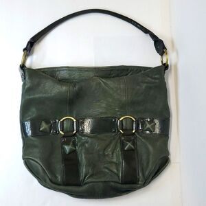 Paolo Masi Green Leather Large Tote Shoulder Bag Brass Accents Snap Closure
